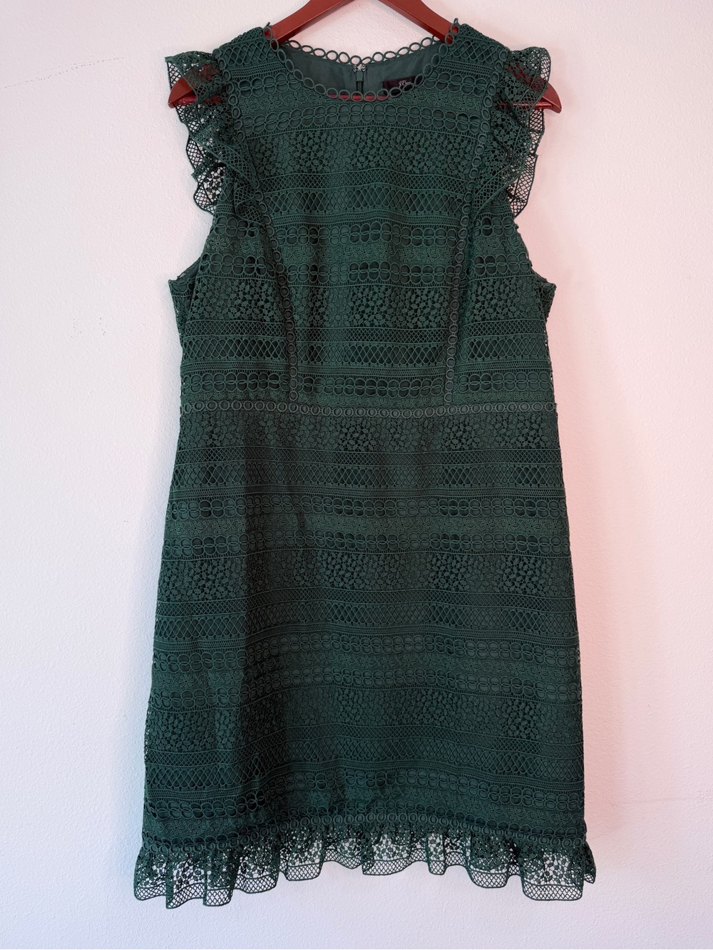 J.Crew Emerald Green Eyelet Lace Cocktail Dress Size 14 Ruffle Trim Preppy Event